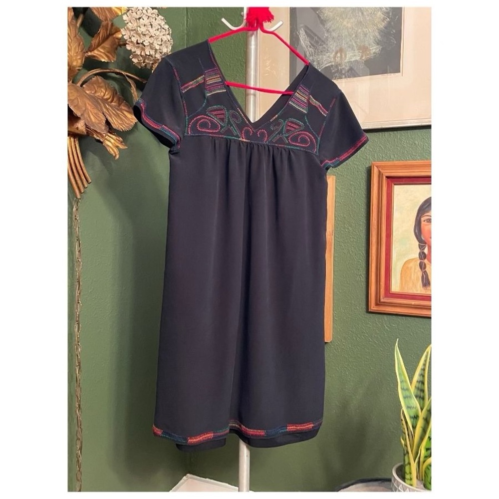 Madewell silk embroidered mini dress, black with rainbow stitching, size xxs